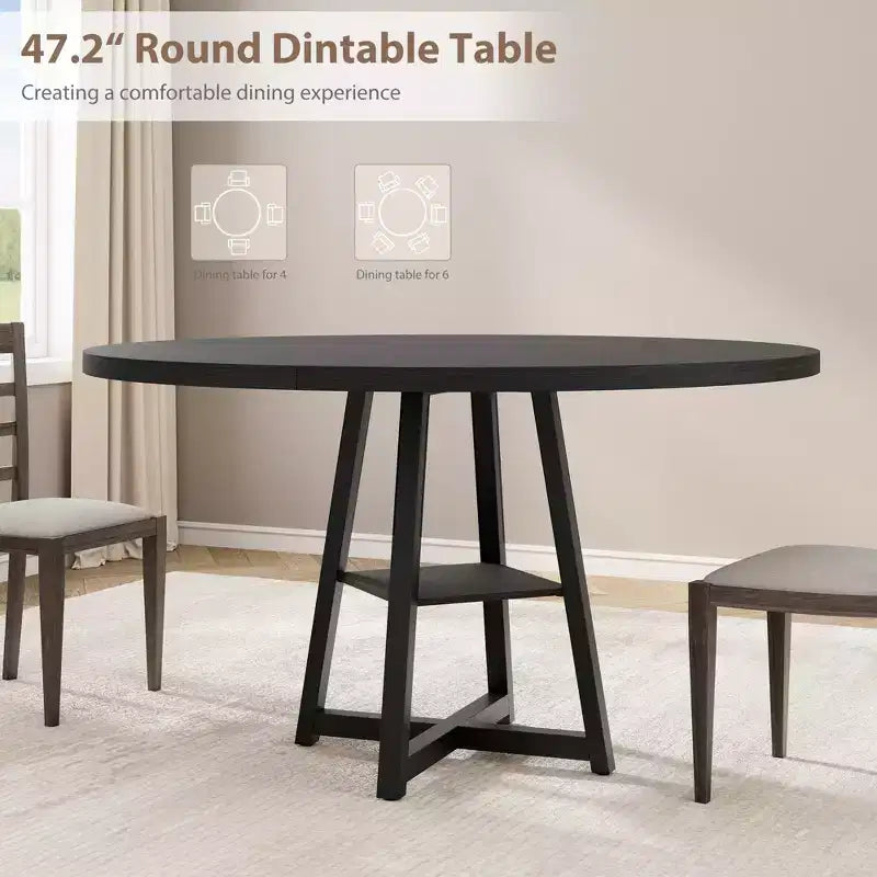 47.2 Round Industrial Dining Table for 4-6 - Metal Base & Storage Shelf for Kitchen, Dining Room