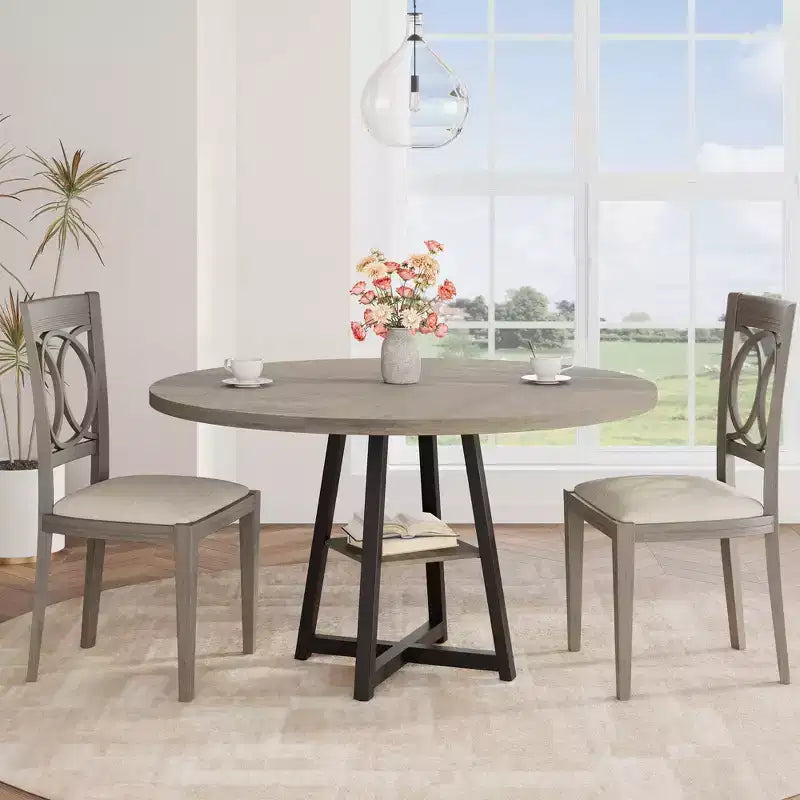 47.2 Round Industrial Dining Table for 4-6 - Metal Base & Storage Shelf for Kitchen, Dining Room