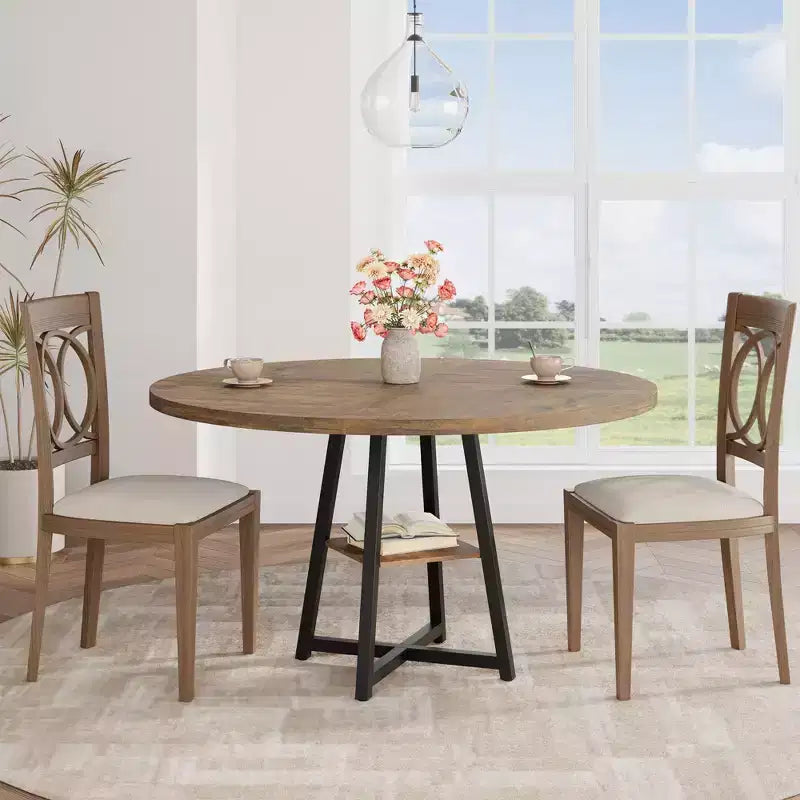 47.2 Round Industrial Dining Table for 4-6 - Metal Base & Storage Shelf for Kitchen, Dining Room