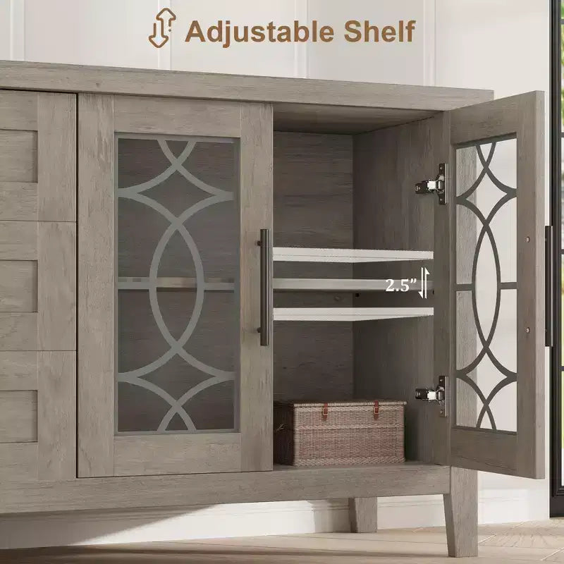 Farmhouse TV Stand for TVs up to 70 Mid Century Entertainment Center with Glass Door, Drawers & Shelves