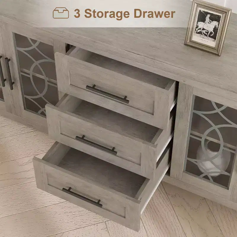 Farmhouse TV Stand for TVs up to 70 Mid Century Entertainment Center with Glass Door, Drawers & Shelves
