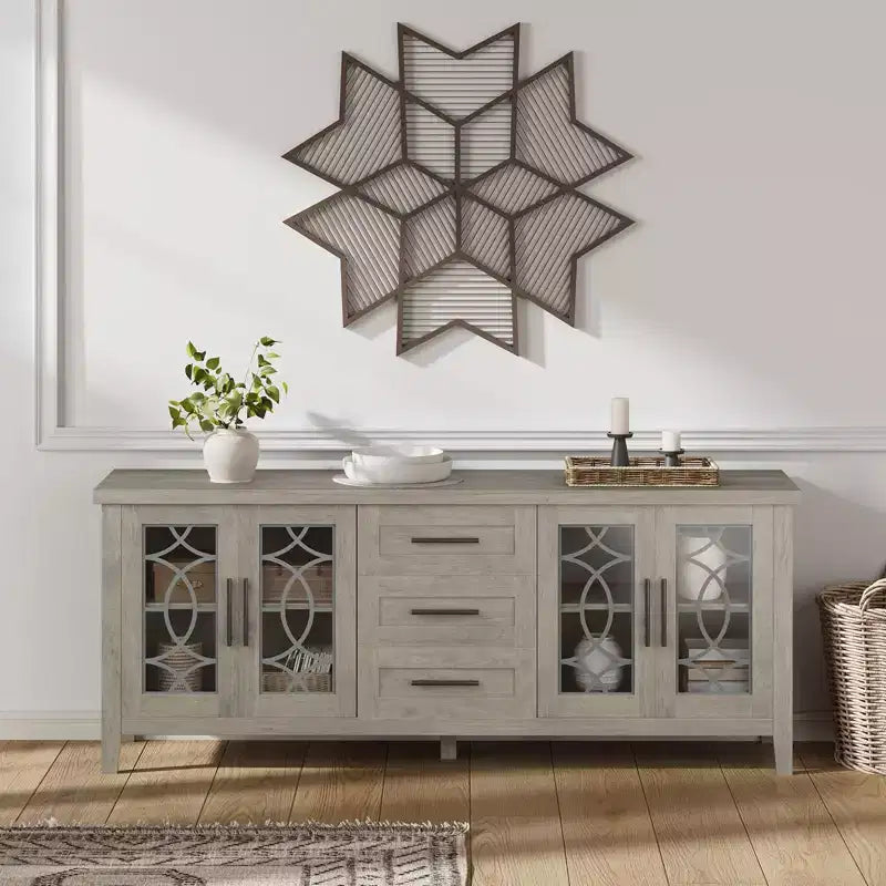 Farmhouse TV Stand for TVs up to 70 Mid Century Entertainment Center with Glass Door, Drawers & Shelves