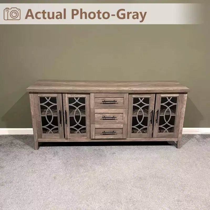 Farmhouse TV Stand for TVs up to 70 Mid Century Entertainment Center with Glass Door, Drawers & Shelves