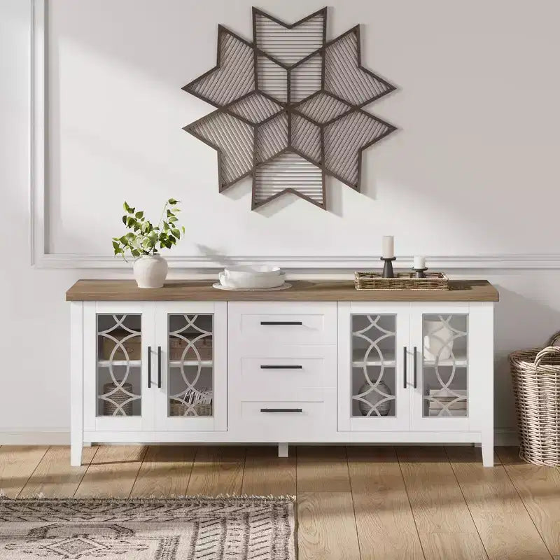 Farmhouse TV Stand for TVs up to 70 Mid Century Entertainment Center with Glass Door, Drawers & Shelves