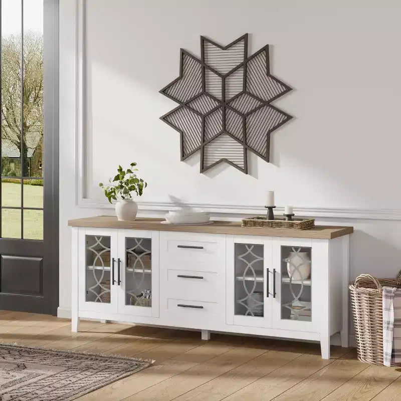 Farmhouse TV Stand for TVs up to 70 Mid Century Entertainment Center with Glass Door, Drawers & Shelves
