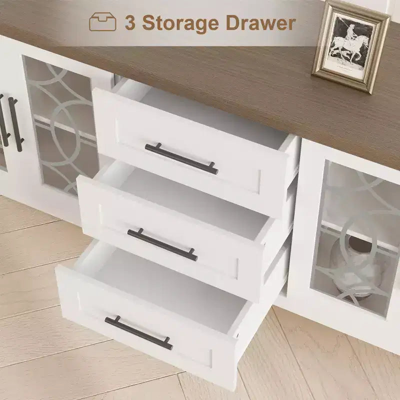 Farmhouse TV Stand for TVs up to 70 Mid Century Entertainment Center with Glass Door, Drawers & Shelves