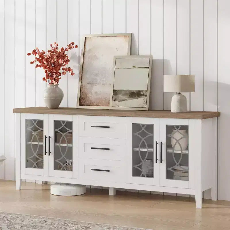 Farmhouse TV Stand for TVs up to 70 Mid Century Entertainment Center with Glass Door, Drawers & Shelves