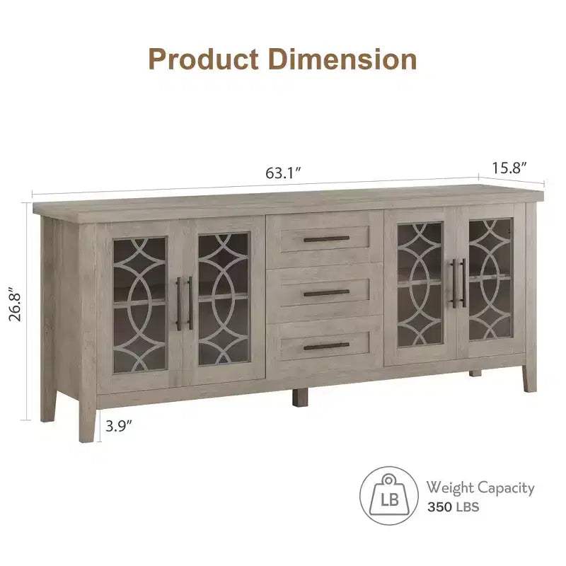 Farmhouse TV Stand for TVs up to 70 Mid Century Entertainment Center with Glass Door, Drawers & Shelves