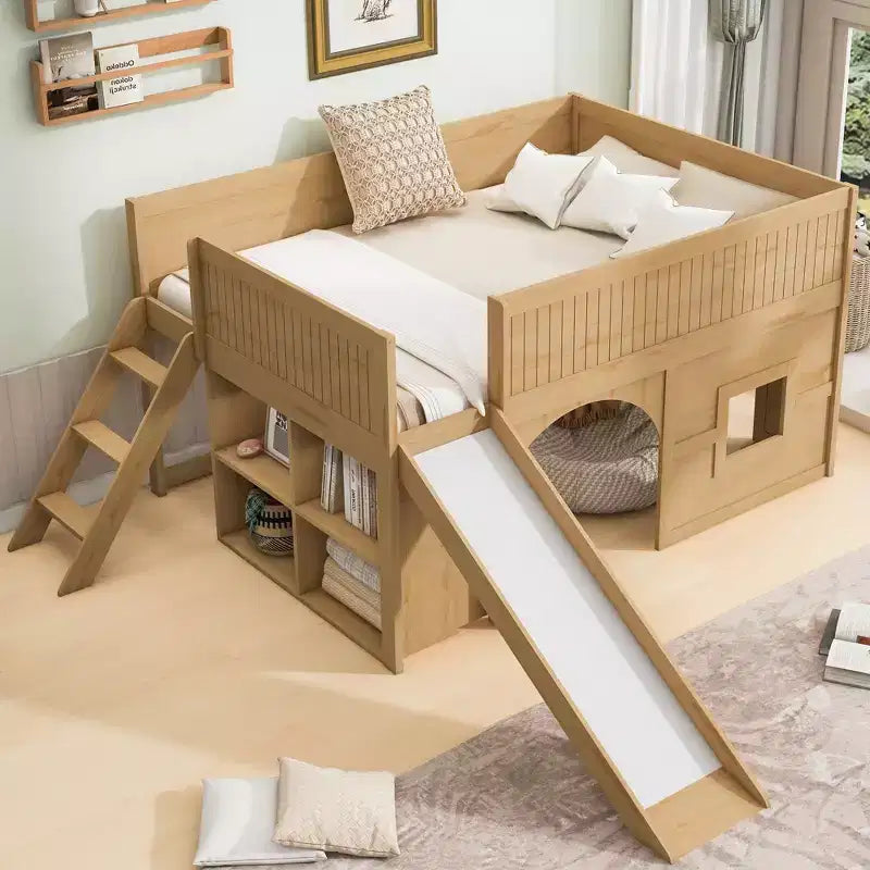 Full Size Low Loft Bed with Slide & Storage Shelves, Wooden Playhouse Design Bed Frame - ModernLuxe