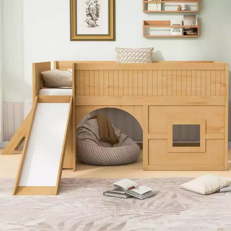 Full Size Low Loft Bed with Slide & Storage Shelves, Wooden Playhouse Design Bed Frame - ModernLuxe