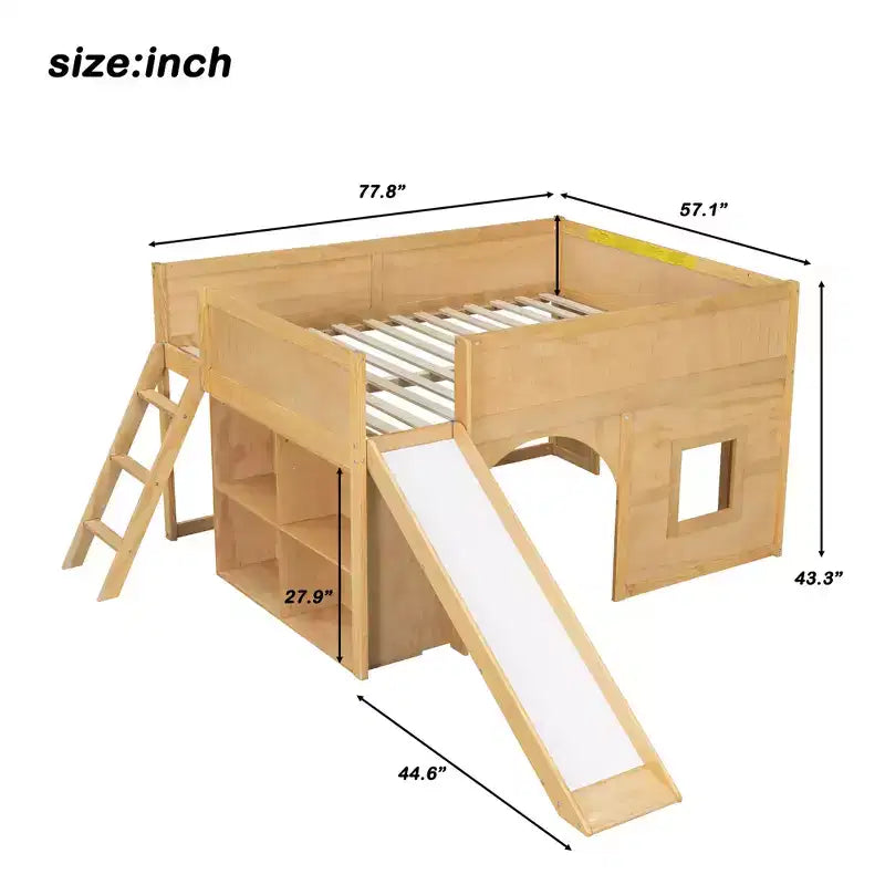 Full Size Low Loft Bed with Slide & Storage Shelves, Wooden Playhouse Design Bed Frame - ModernLuxe