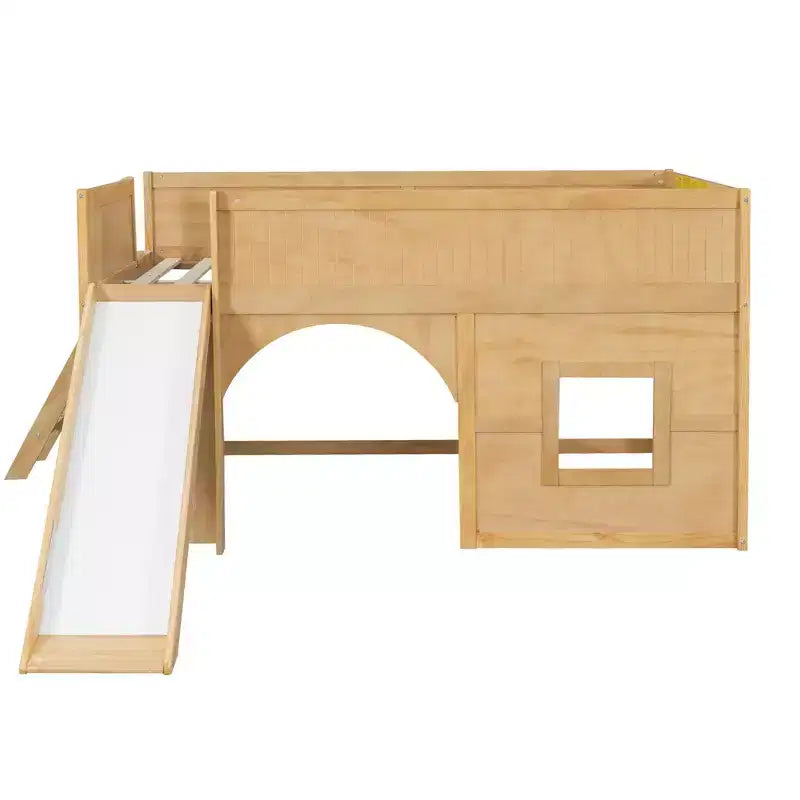 Full Size Low Loft Bed with Slide & Storage Shelves, Wooden Playhouse Design Bed Frame - ModernLuxe