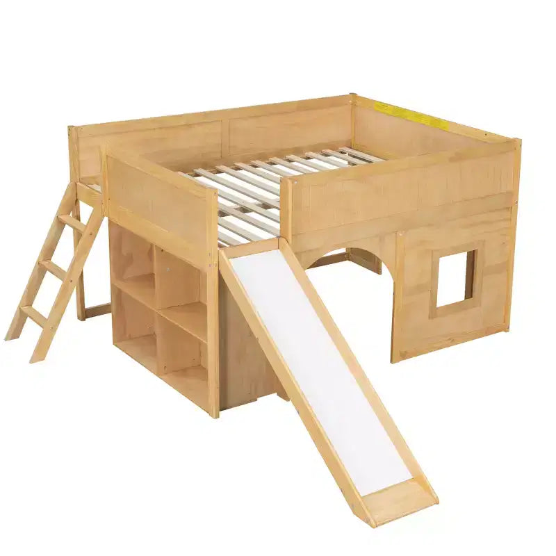 Full Size Low Loft Bed with Slide & Storage Shelves, Wooden Playhouse Design Bed Frame - ModernLuxe