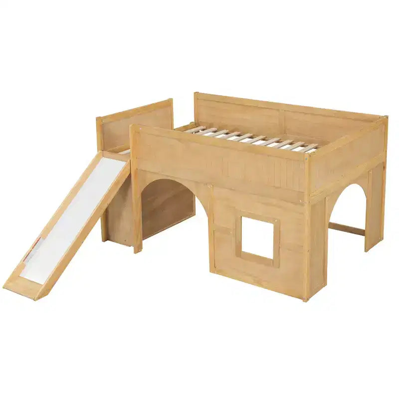 Full Size Low Loft Bed with Slide & Storage Shelves, Wooden Playhouse Design Bed Frame - ModernLuxe