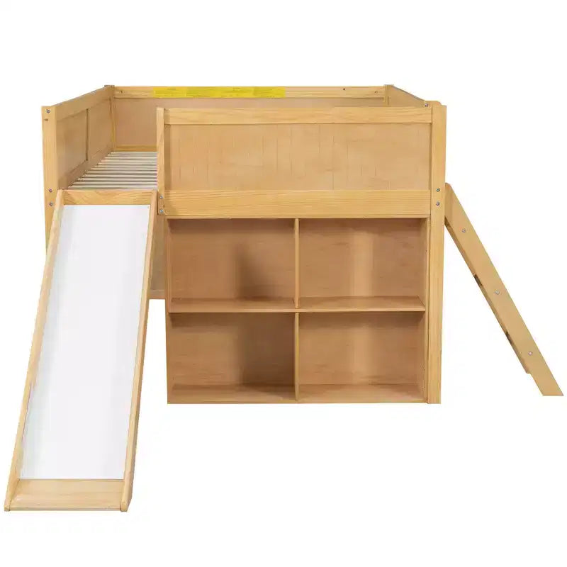 Full Size Low Loft Bed with Slide & Storage Shelves, Wooden Playhouse Design Bed Frame - ModernLuxe