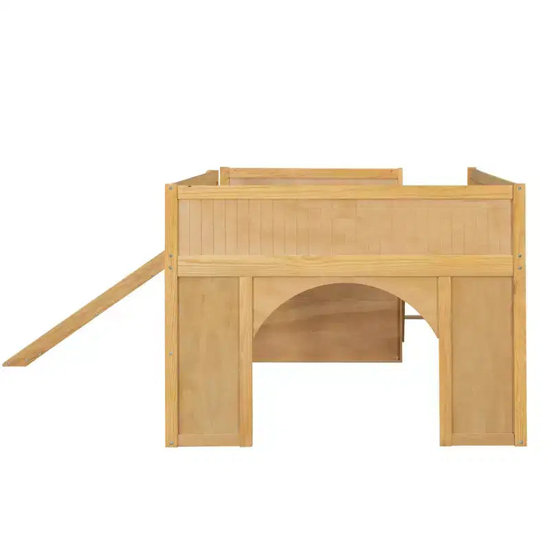 Full Size Low Loft Bed with Slide & Storage Shelves, Wooden Playhouse Design Bed Frame - ModernLuxe