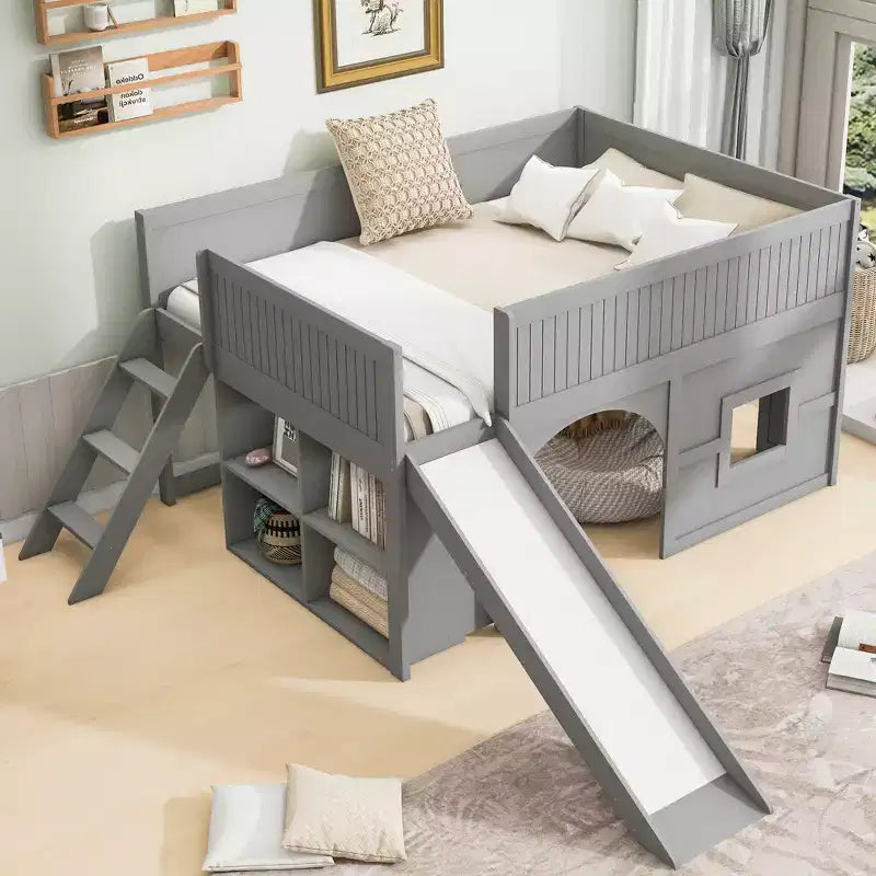 Full Size Low Loft Bed with Slide & Storage Shelves, Wooden Playhouse Design Bed Frame - ModernLuxe