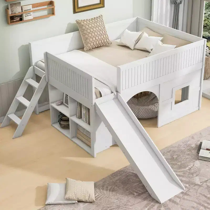 Full Size Low Loft Bed with Slide & Storage Shelves, Wooden Playhouse Design Bed Frame - ModernLuxe