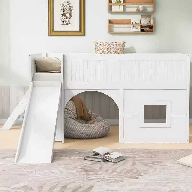 Full Size Low Loft Bed with Slide & Storage Shelves, Wooden Playhouse Design Bed Frame - ModernLuxe