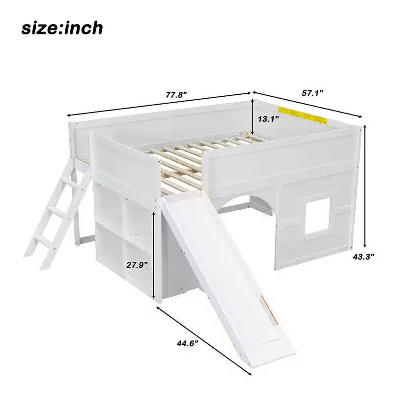 Full Size Low Loft Bed with Slide & Storage Shelves, Wooden Playhouse Design Bed Frame - ModernLuxe
