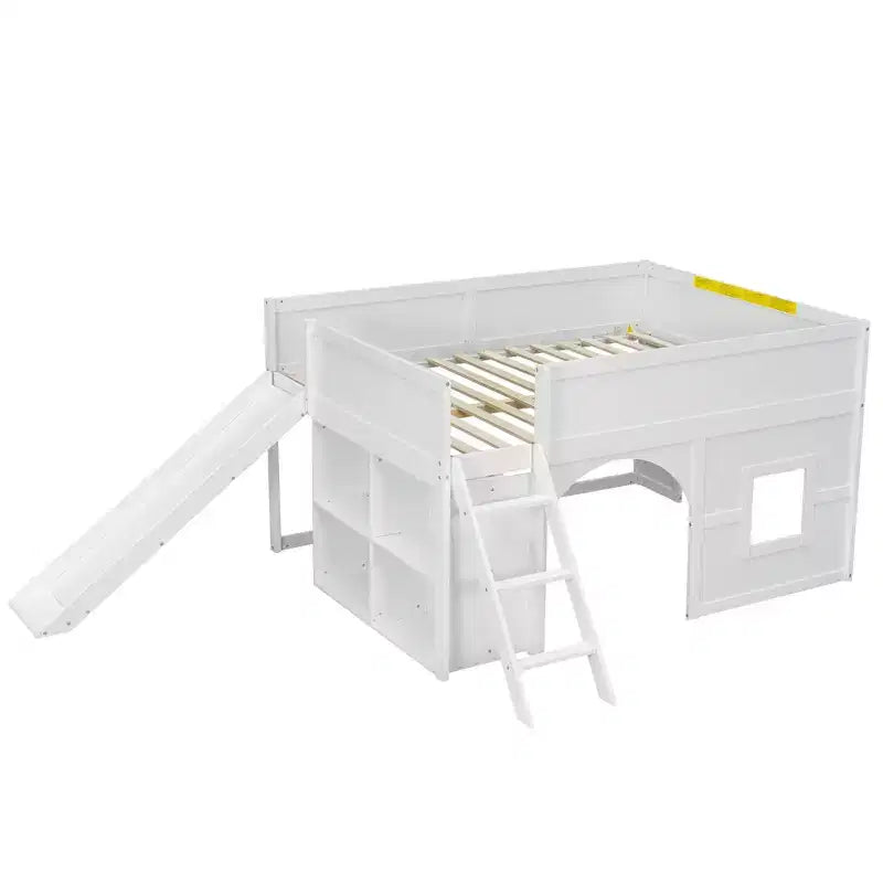 Full Size Low Loft Bed with Slide & Storage Shelves, Wooden Playhouse Design Bed Frame - ModernLuxe