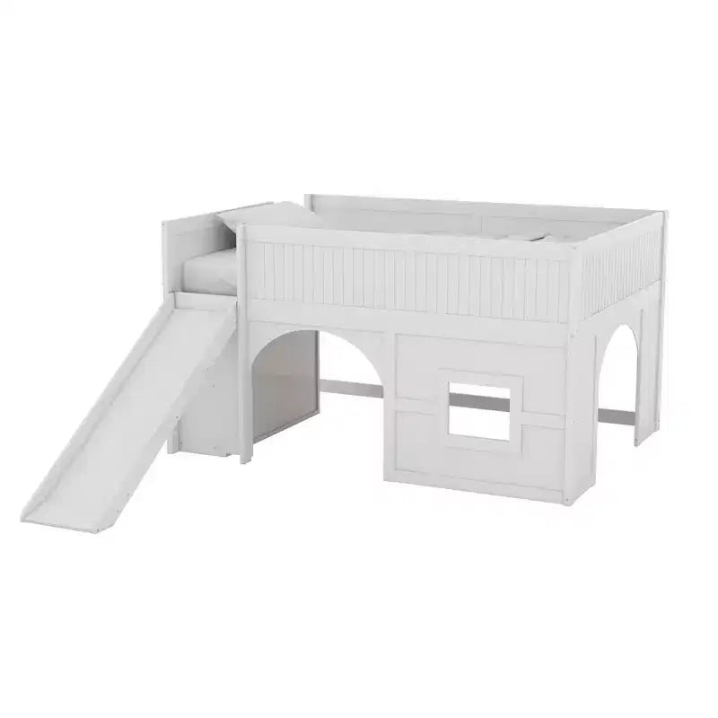 Full Size Low Loft Bed with Slide & Storage Shelves, Wooden Playhouse Design Bed Frame - ModernLuxe
