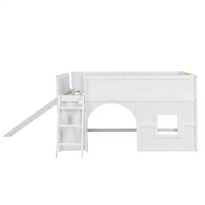 Full Size Low Loft Bed with Slide & Storage Shelves, Wooden Playhouse Design Bed Frame - ModernLuxe