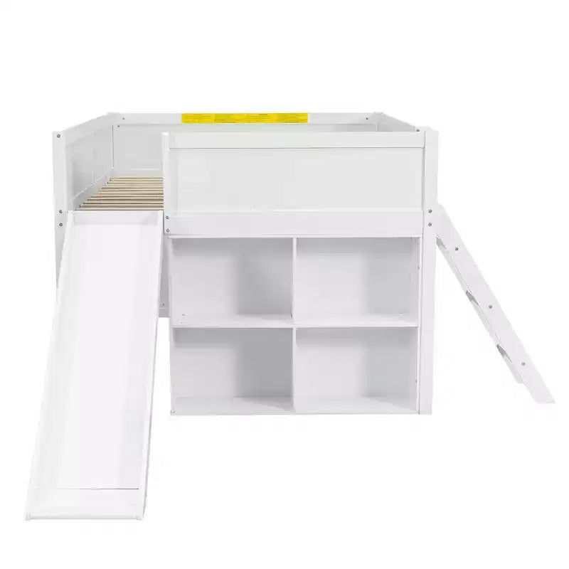 Full Size Low Loft Bed with Slide & Storage Shelves, Wooden Playhouse Design Bed Frame - ModernLuxe