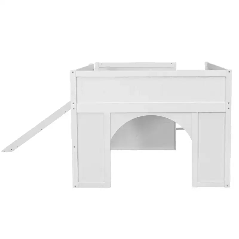 Full Size Low Loft Bed with Slide & Storage Shelves, Wooden Playhouse Design Bed Frame - ModernLuxe