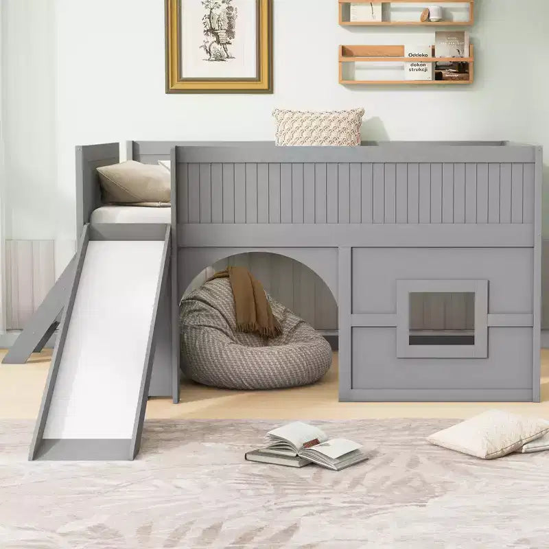 Full Size Low Loft Bed with Slide & Storage Shelves, Wooden Playhouse Design Bed Frame - ModernLuxe