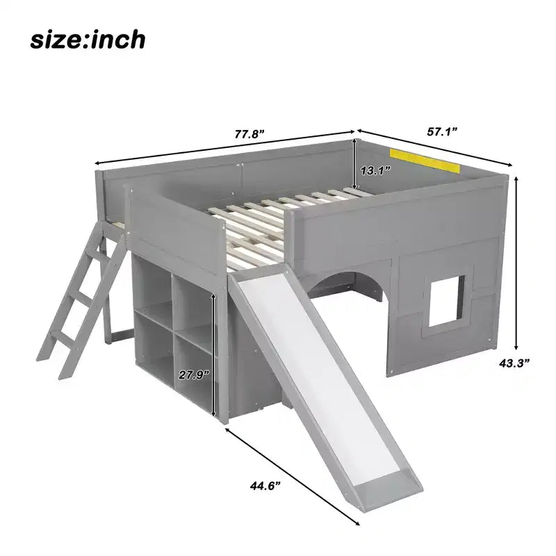 Full Size Low Loft Bed with Slide & Storage Shelves, Wooden Playhouse Design Bed Frame - ModernLuxe