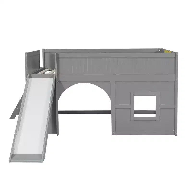 Full Size Low Loft Bed with Slide & Storage Shelves, Wooden Playhouse Design Bed Frame - ModernLuxe