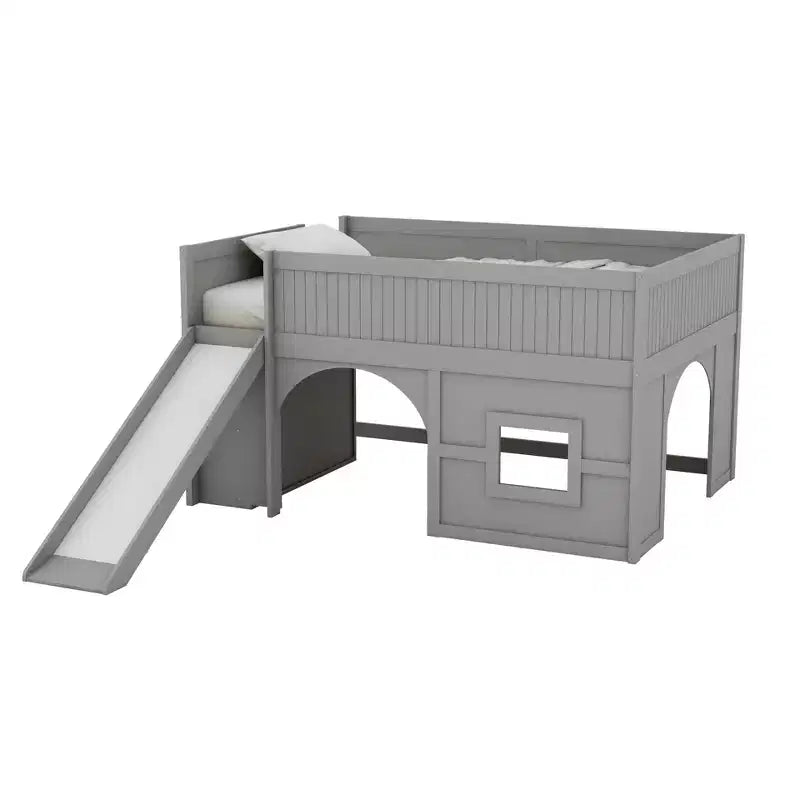 Full Size Low Loft Bed with Slide & Storage Shelves, Wooden Playhouse Design Bed Frame - ModernLuxe
