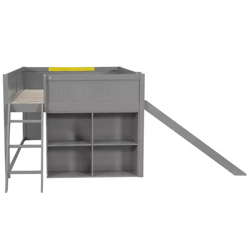 Full Size Low Loft Bed with Slide & Storage Shelves, Wooden Playhouse Design Bed Frame - ModernLuxe