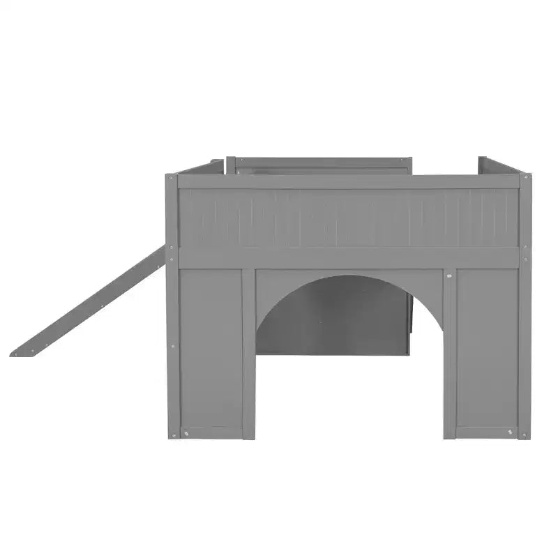 Full Size Low Loft Bed with Slide & Storage Shelves, Wooden Playhouse Design Bed Frame - ModernLuxe