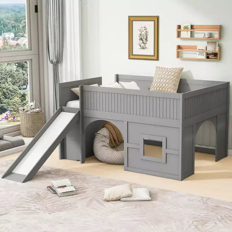 Full Size Low Loft Bed with Slide & Storage Shelves, Wooden Playhouse Design Bed Frame - ModernLuxe