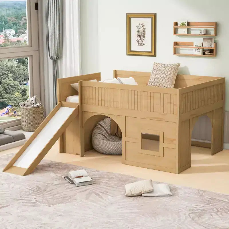 Full Size Low Loft Bed with Slide & Storage Shelves, Wooden Playhouse Design Bed Frame - ModernLuxe