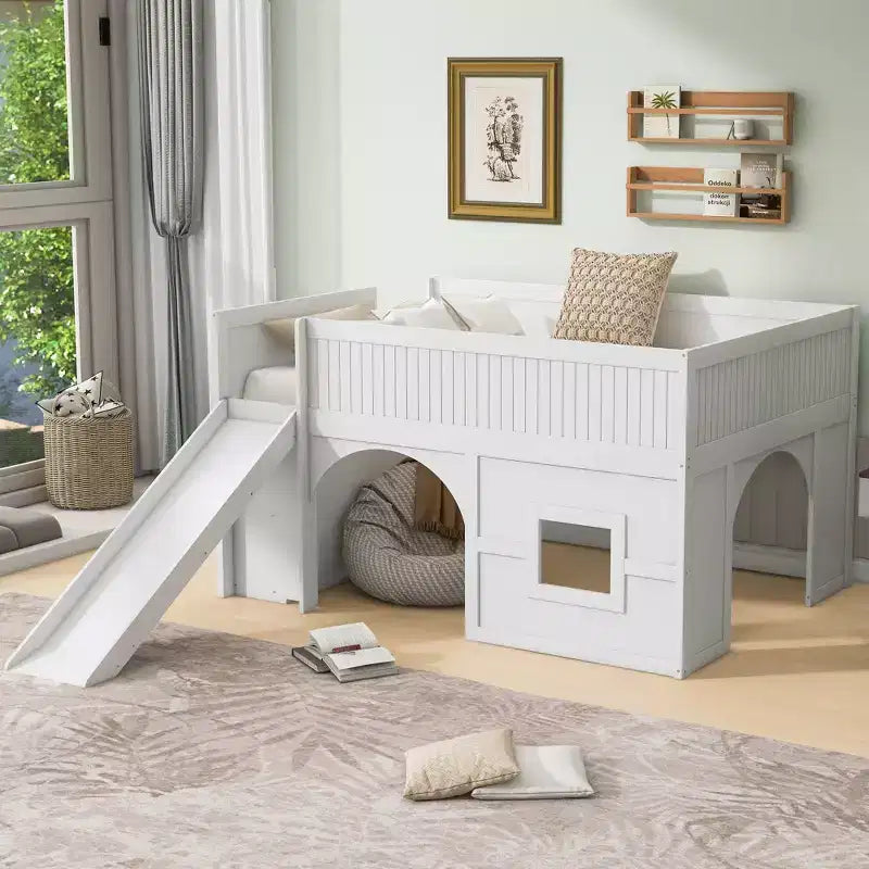 Full Size Low Loft Bed with Slide & Storage Shelves, Wooden Playhouse Design Bed Frame - ModernLuxe