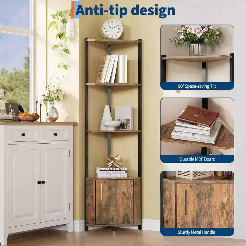 5-Tier Corner Storage Shelf, Heavy Duty Space-Saving Corner Stand with Metal Frame for Living Room, Bedroom, Bathroom, Home Office