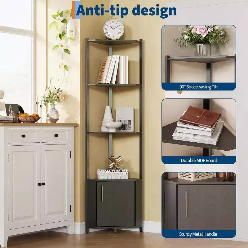5-Tier Corner Storage Shelf, Heavy Duty Space-Saving Corner Stand with Metal Frame for Living Room, Bedroom, Bathroom, Home Office