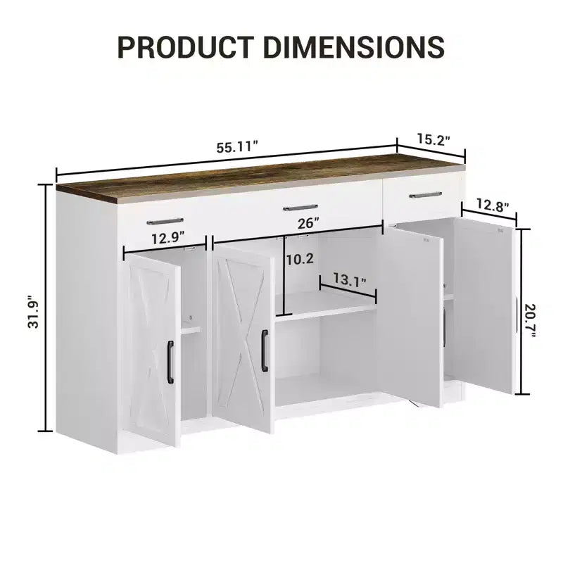 55 Large Sideboard Buffet Cabinet with Storage, Modern Kitchen Cabinets, Farmhouse Buffet Storage Cabinets with Drawers, Doors & Adjustable Shelves