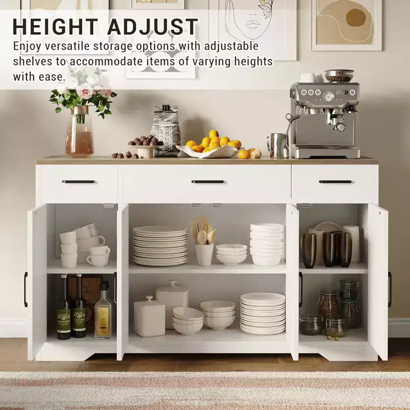 55 Large Sideboard Buffet Cabinet with Storage, Modern Kitchen Cabinets, Farmhouse Buffet Storage Cabinets with Drawers, Doors & Adjustable Shelves