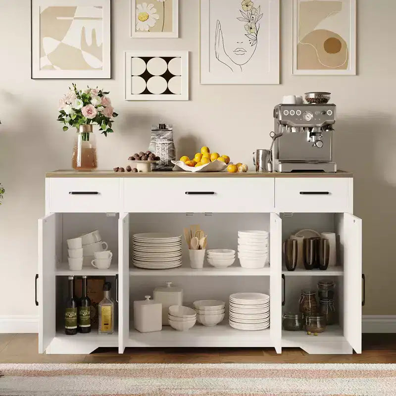 55 Large Sideboard Buffet Cabinet with Storage, Modern Kitchen Cabinets, Farmhouse Buffet Storage Cabinets with Drawers, Doors & Adjustable Shelves