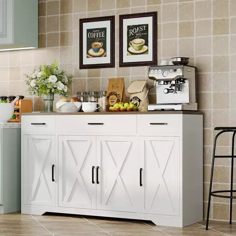 55 Large Sideboard Buffet Cabinet with Storage, Modern Kitchen Cabinets, Farmhouse Buffet Storage Cabinets with Drawers, Doors & Adjustable Shelves