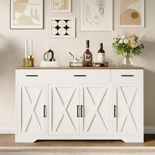 55 Large Sideboard Buffet Cabinet with Storage, Modern Kitchen Cabinets, Farmhouse Buffet Storage Cabinets with Drawers, Doors & Adjustable Shelves