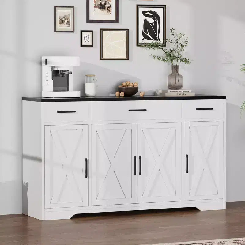 55 Large Sideboard Buffet Cabinet with Storage, Modern Kitchen Cabinets, Farmhouse Buffet Storage Cabinets with Drawers, Doors & Adjustable Shelves