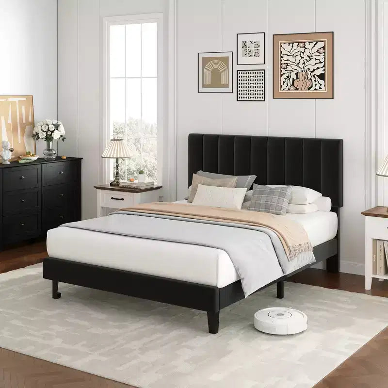 COZONY Twin/Queen/King Platform Bed Frame with Adjustable Velvet Headboard Vertical Channel Tufted Upholstered Design