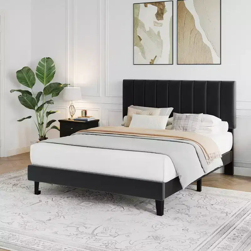 COZONY Twin/Queen/King Platform Bed Frame with Adjustable Velvet Headboard Vertical Channel Tufted Upholstered Design