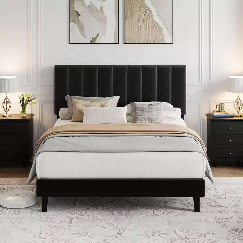 COZONY Twin/Queen/King Platform Bed Frame with Adjustable Velvet Headboard Vertical Channel Tufted Upholstered Design