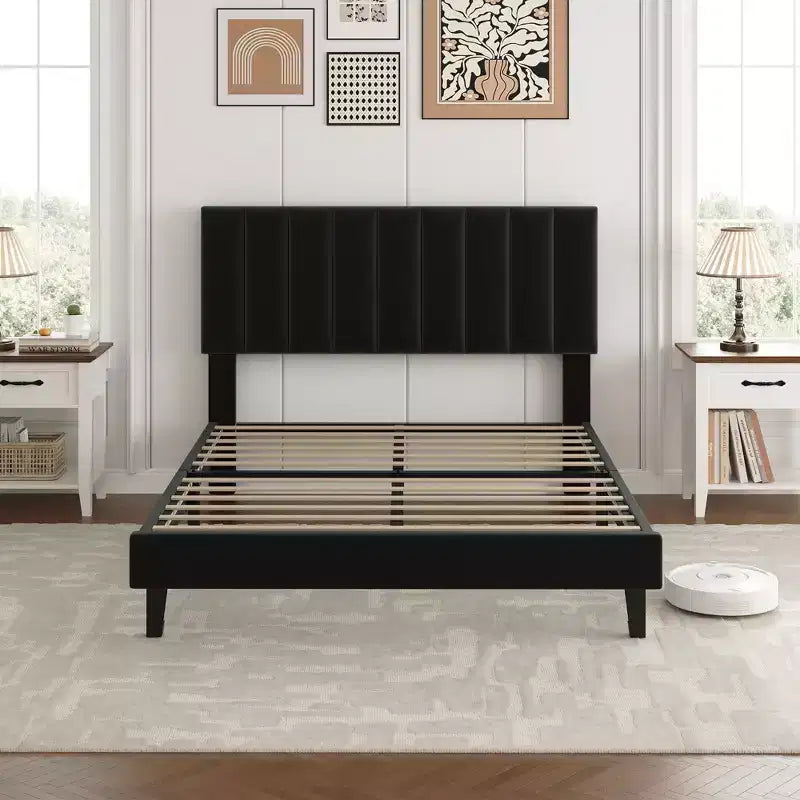 COZONY Twin/Queen/King Platform Bed Frame with Adjustable Velvet Headboard Vertical Channel Tufted Upholstered Design